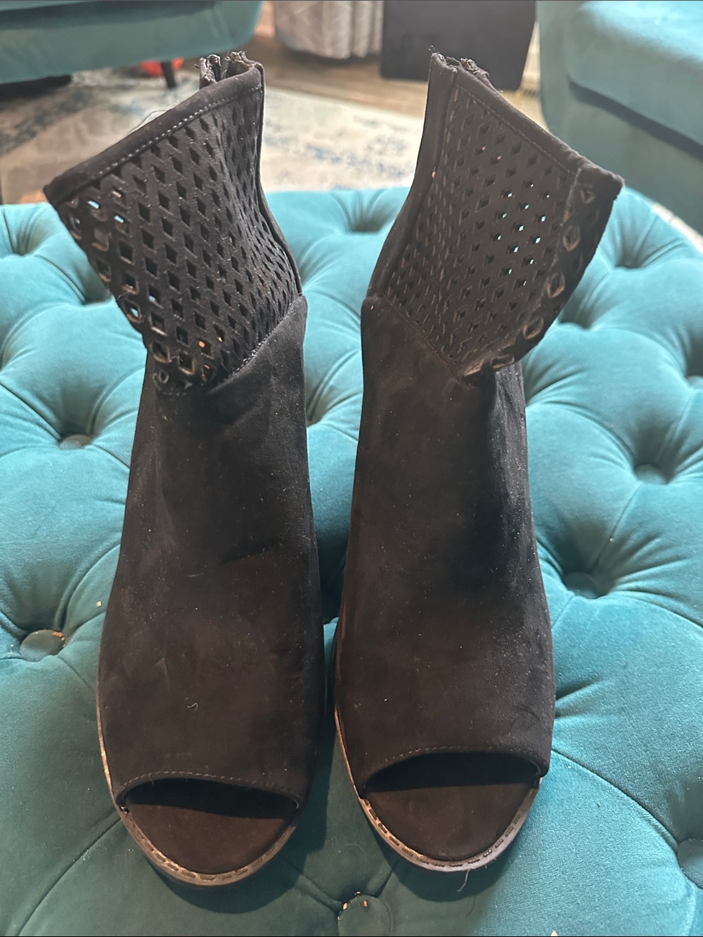 Report Black Suede Open-Toe Perforated Ankle Booties
